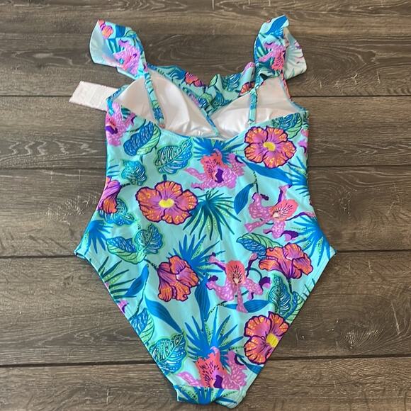 Stella Parker Ruffle Front Light Blue Floral One Piece Large Swimsuit NWT - Picture 2 of 6